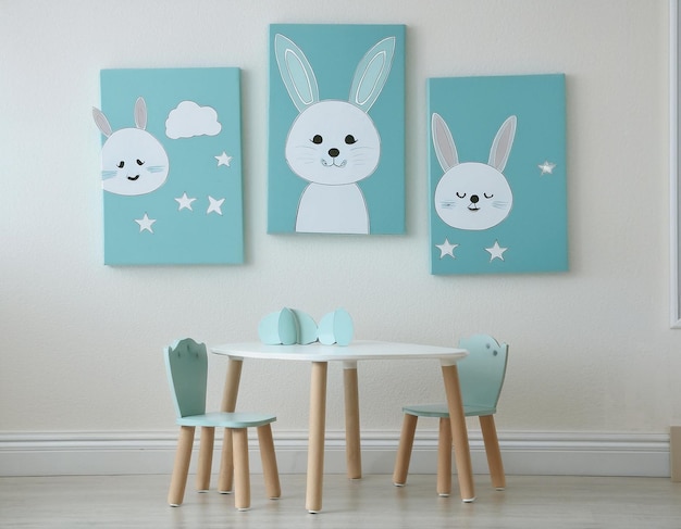 Photo whimsical bunnythemed childrens room decor adorable wall art table and chairs