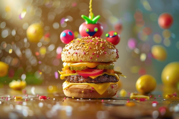 Whimsical Burger with Cheese and Veggies in Colorful Sprinkles Explosion