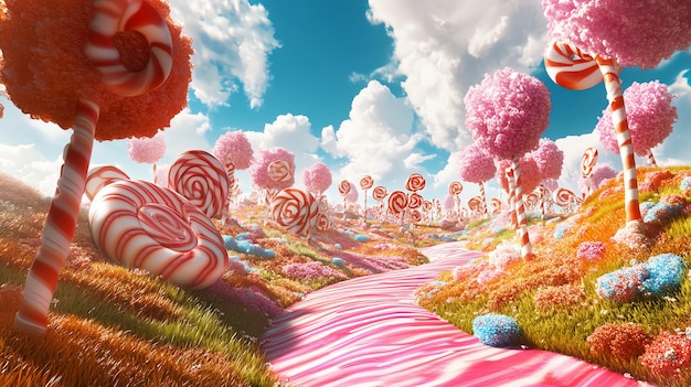 Photo a whimsical candy land scene with candy cane trees and a striped candy path