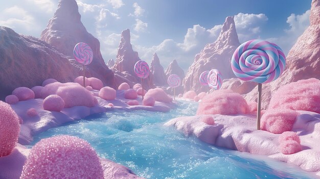 Whimsical Candy Land with Lollipops and Cotton Candy Hills in a Dreamlike Landscape