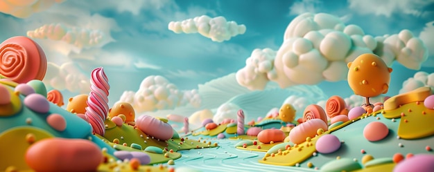 Whimsical candy landscape with adorable duckling character