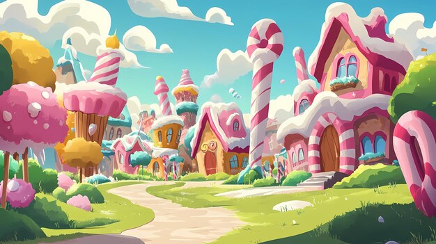 Photo a whimsical candy village with candy houses trees and a path leading through the center