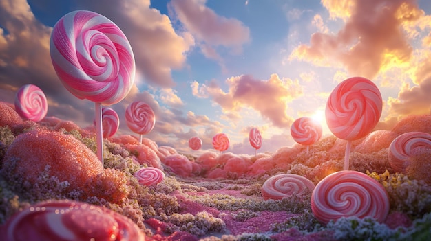 Photo whimsical candyland field with giant lollipops