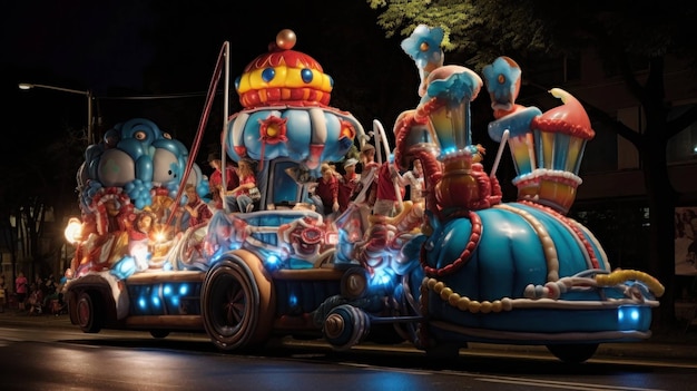 whimsical carnival float parked on a quiet street