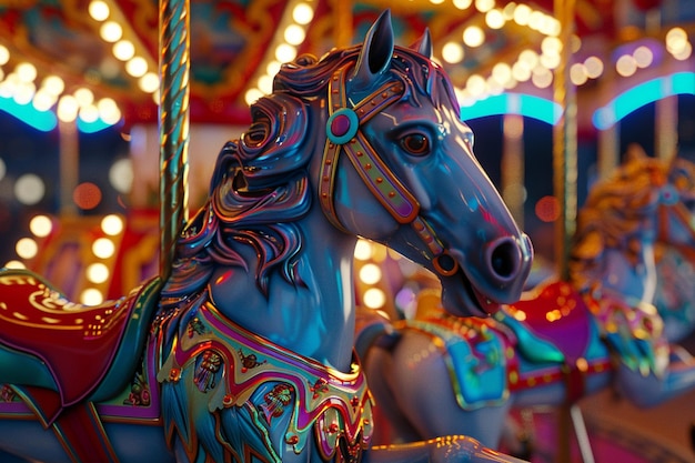 Whimsical carousel with brightly painted horses oc