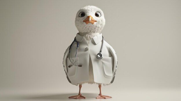 Photo a whimsical cartoon bird dressed as a doctor complete with a stethoscope and lab coat perfect for childrens healthcare themes