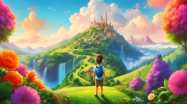 A whimsical cartoon boy stands in A valley with a majestic castle generated by AI