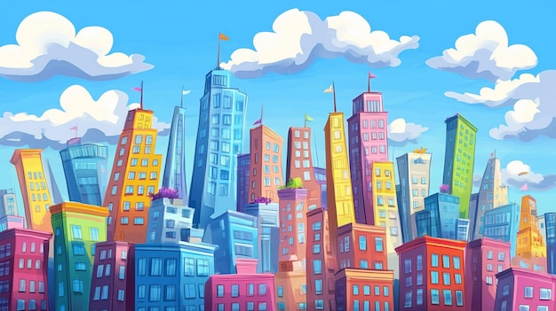 Photo whimsical cartoon city skyline painting vibrant urban landscape