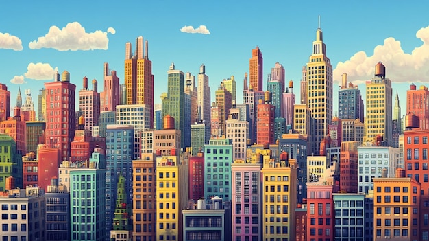 Whimsical Cartoon City Skyline with Playful Bus and Tall Buildings