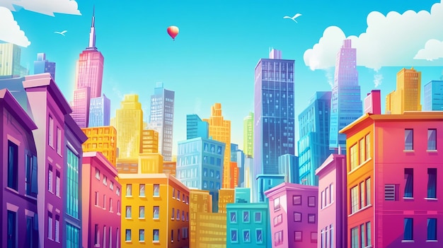 Photo whimsical cartoon cityscape painting with vibrant colors and hot air balloon