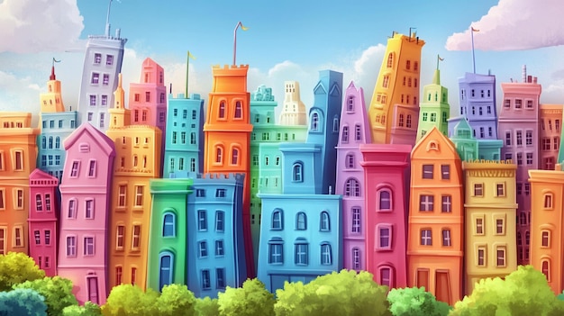 Whimsical Cartoon Cityscape with Colorful Buildings Landscape