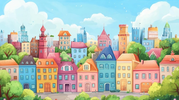 Whimsical Cartoon Cityscape with Colorful Buildings Urban Art