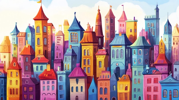 Whimsical Cartoon Cityscape with Colorful Buildings