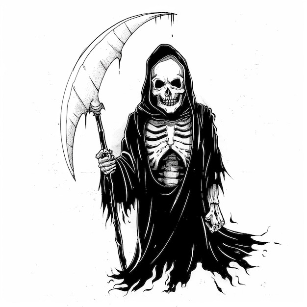 Photo whimsical cartoon drawing of grim reaper in simple style