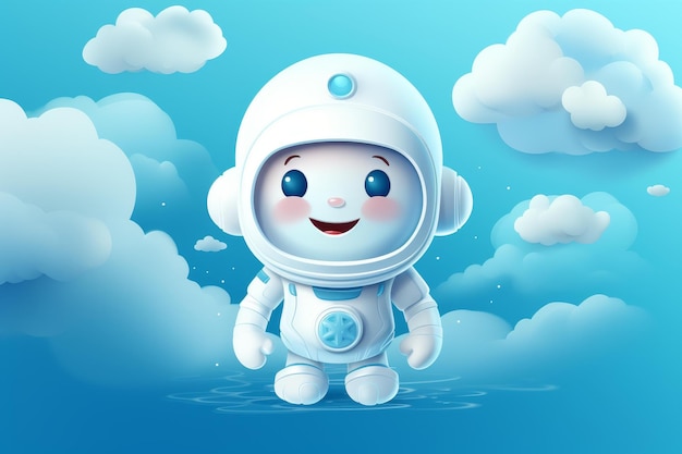 A whimsical cartoon of a jovial astronaut floating among fluffy clouds