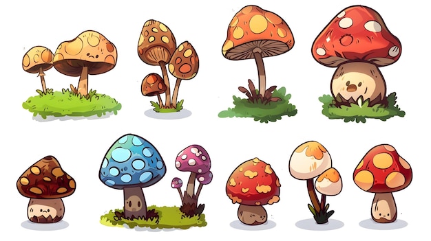 Photo whimsical cartoon mushroom cluster in fantasy forest landscape