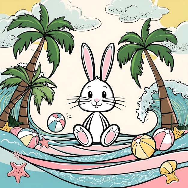 A whimsical cartoon rabbit with Summer nature illustration Generate AI