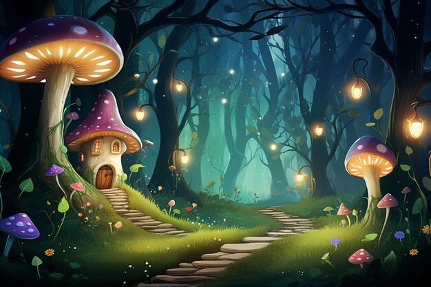 Whimsical cartoon scene with a magical forest and glowi