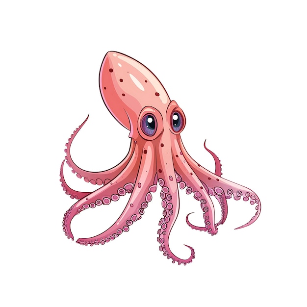 A whimsical cartoon squid with big blue eyes and rosy spotted skin extending its tentacles outward