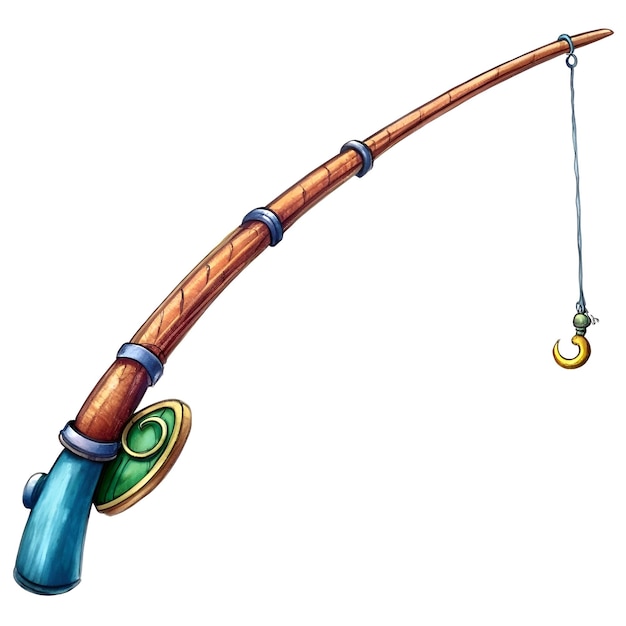 Photo a whimsical cartoon style fishing rod with a blue handle and a golden hook