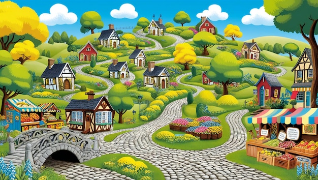 Whimsical Cartoon Village with Cozy Cottages and Lush Gardens