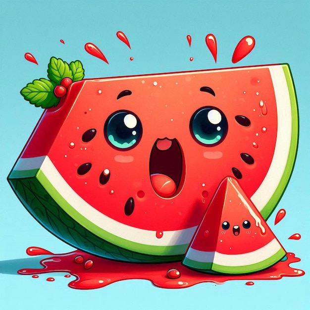 A whimsical cartoon watermelon character with eyes and a juicy slice