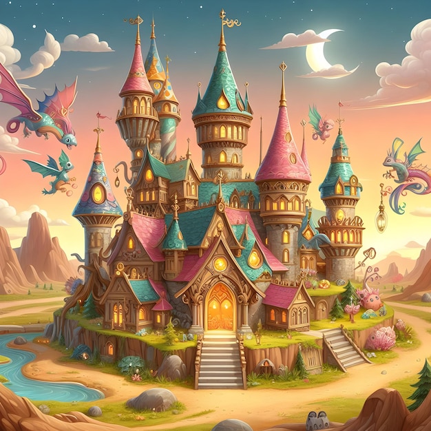 A whimsical castle with towering spires and colorful slides stands in a lush forest as a child gaze