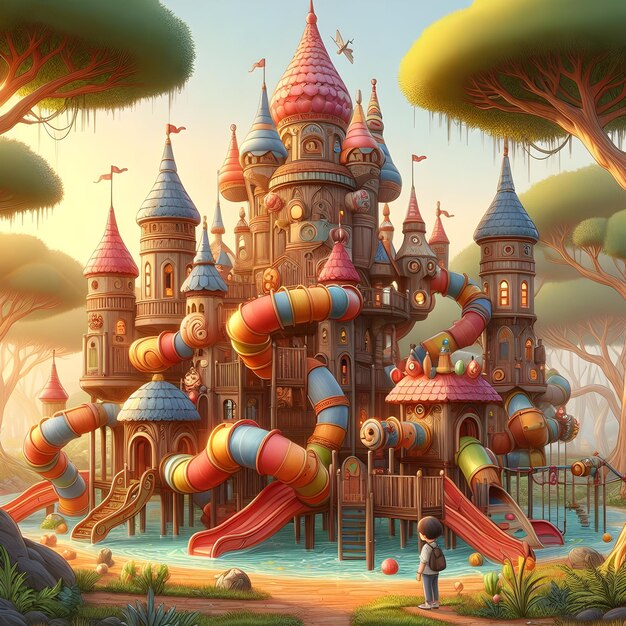 A whimsical castle with towering spires and colorful slides stands in a lush forest as a child gaze