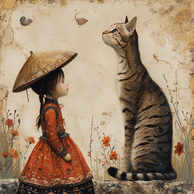 whimsical cat and girl illustration on teh canvas