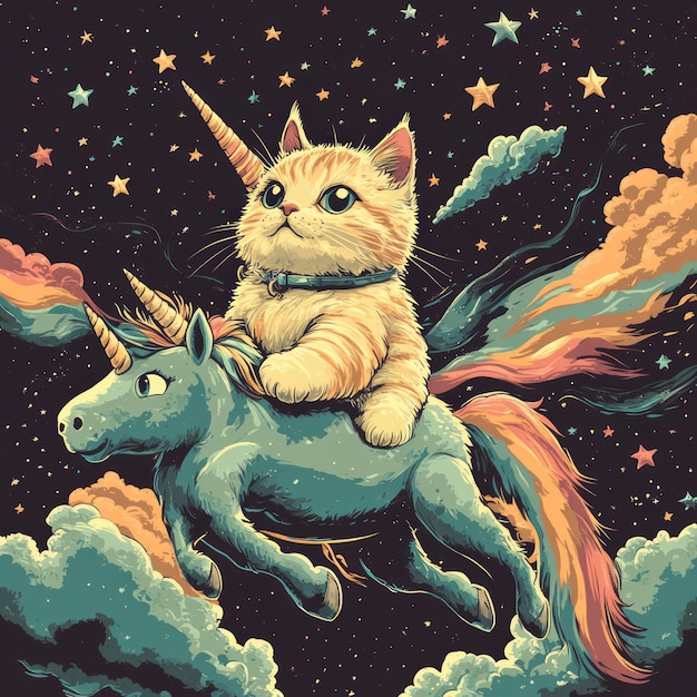 Photo a whimsical cat riding a unicorn through a starry sky