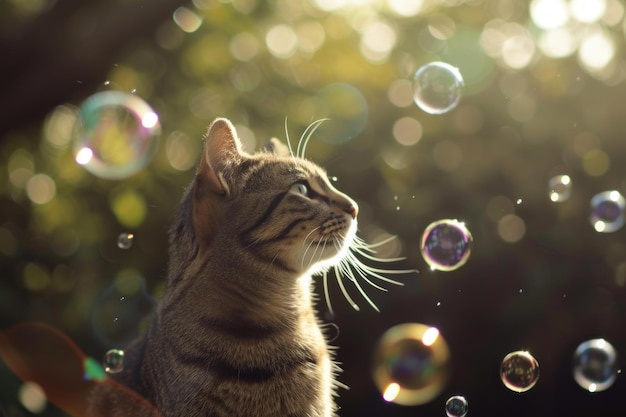 Whimsical cat watching soap bubbles in sunlight