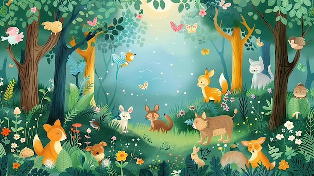 A whimsical and charming illustration of animals in a forest perfect for childrens books ar 169 Job ID 4783cd9c99d5466ba6a45ffd2a863724