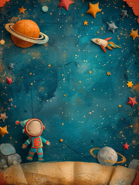 Photo whimsical childrens book illustration with space theme cute astronaut planets stars and rocketship