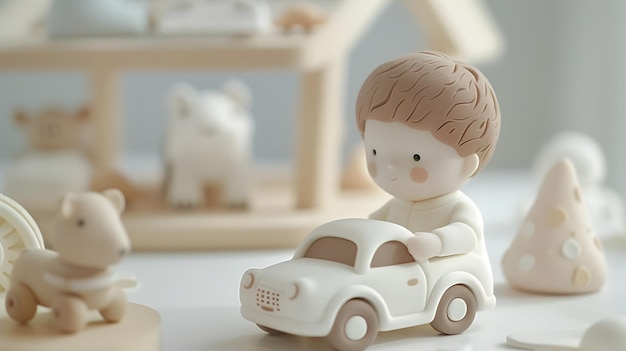 Whimsical Clay Child Figure Playing With Toy Car On Plain Background