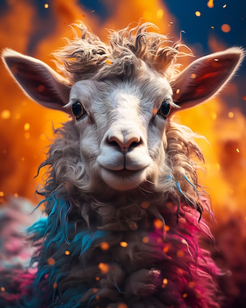 Whimsical CloseUp of a Floating Sheep in Vibrant Cosmic Colors