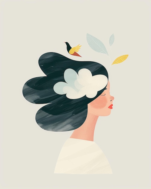 Whimsical Cloud Hair Illustration with Bird Accessory Generative AI