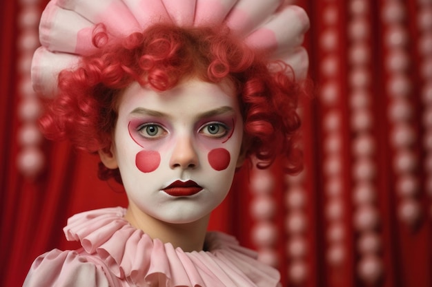 A whimsical clown with curly red hair and theatrical makeup embodying the spirit of the circus against a red backdrop