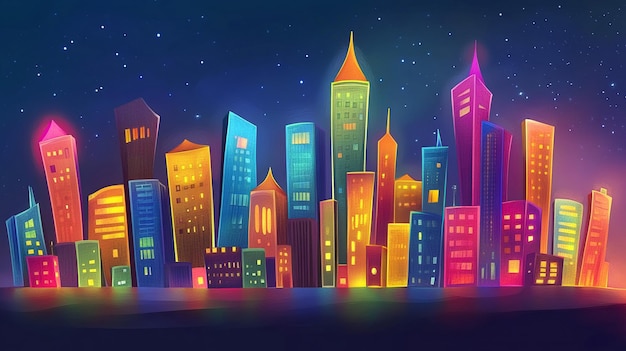 Photo whimsical colorful cartoon city skyline night scene