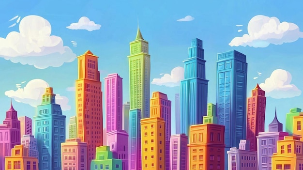 Photo whimsical colorful cartoon city skyline painting