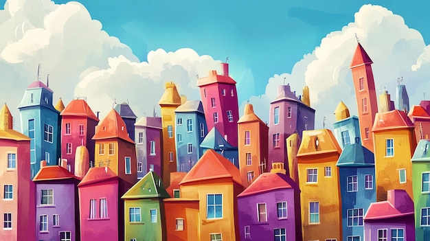 Whimsical Colorful Cityscape Painting of Tall Buildings