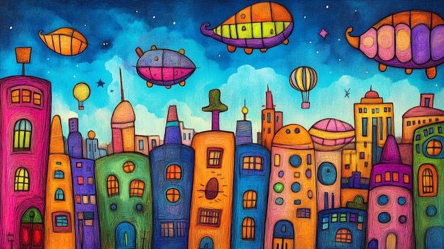 Photo a whimsical colorful cityscape with flying objects