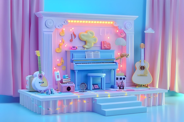 Whimsical and Colorful Music Studio with Various Instruments and Vibrant Decor