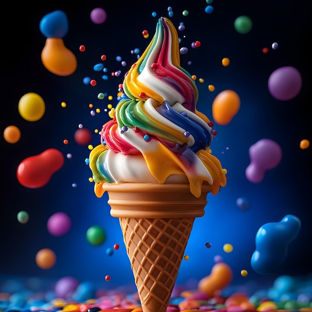 Whimsical and Colorful Pop Art Ice Cream Cone with Vibrant Scoops and Playful in a Dynamic Composition