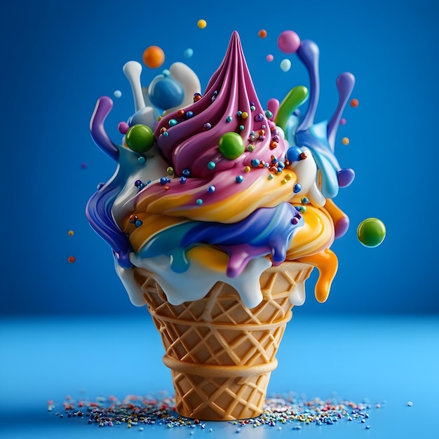 Whimsical and Colorful Pop Art Ice Cream Cone with Vibrant Scoops and Playful in Dynamic Composition