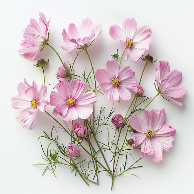 A whimsical composition featuring a cluster of pink cosmos flowers against a clean white backdrop