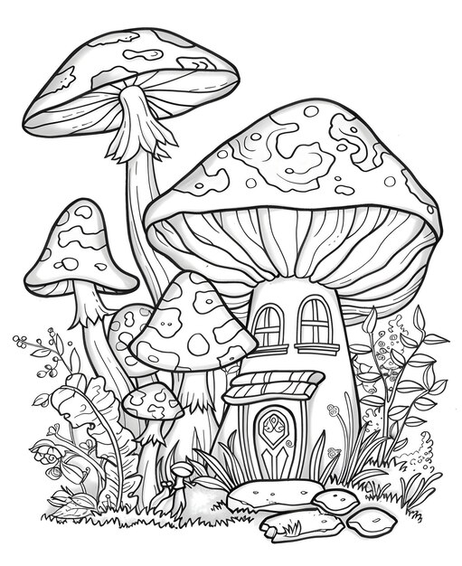 Photo whimsical of a cozy mushroom fairy house in enchanted forest coloring page