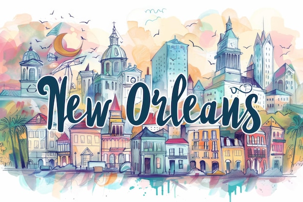 Whimsical Crayon Illustration of New Orleans