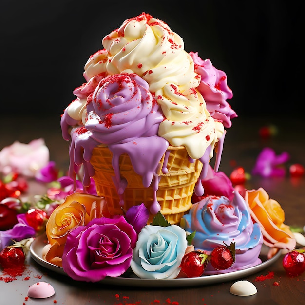 Whimsical Cupcake Delight A Mountain of Whipped Cream Flowers and Candies with a Cherry on Top