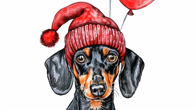 Photo whimsical dachshund in a festive cap holding a heart balloon