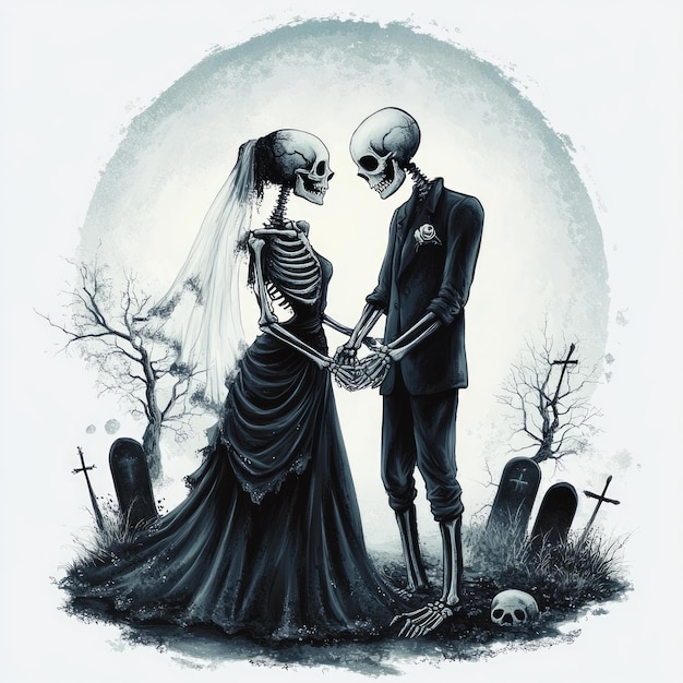 A whimsical depiction of a skeleton couple holding hands in a graveyard symbolizing eternal love